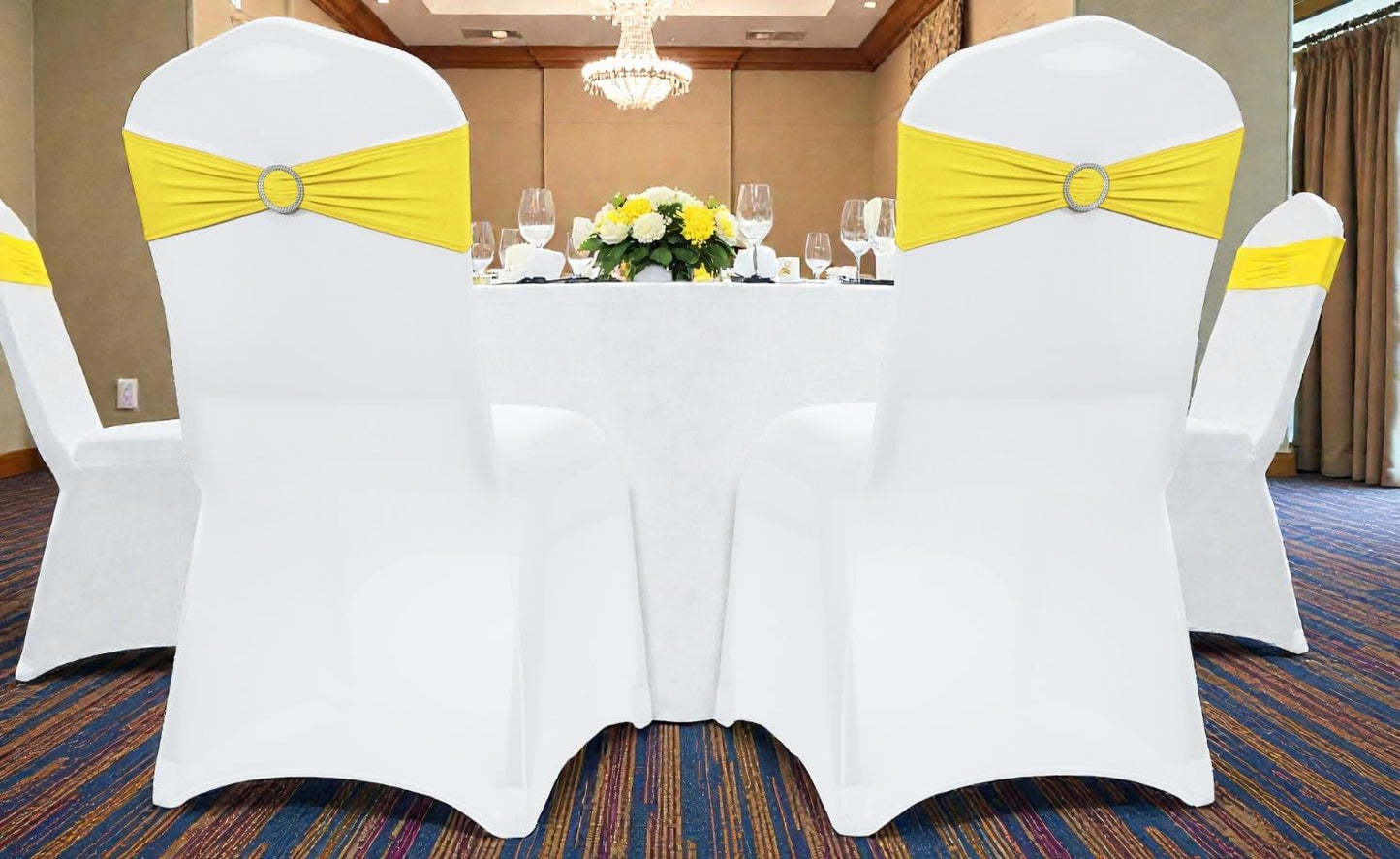 MDS Spandex Chair Sashes - Premium Stretch Covers with Buckle Slider | Universal Fit for Weddings & Events - Yellow, Pack of 100
