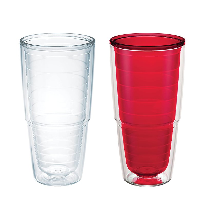 Tervis Clear & Colorful Tabletop Made in USA Double Walled Insulated Tumbler Travel Cup Keeps Drinks Cold & Hot, 24oz - 2pk, Clear and Red