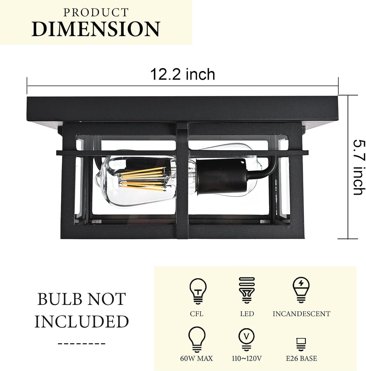 Farmhouse Ceiling Light Fixture Black 2-Light with Clear Glass, Square Flush Mount Ceiling Light for Hallway Kitchen Bedroom Porch