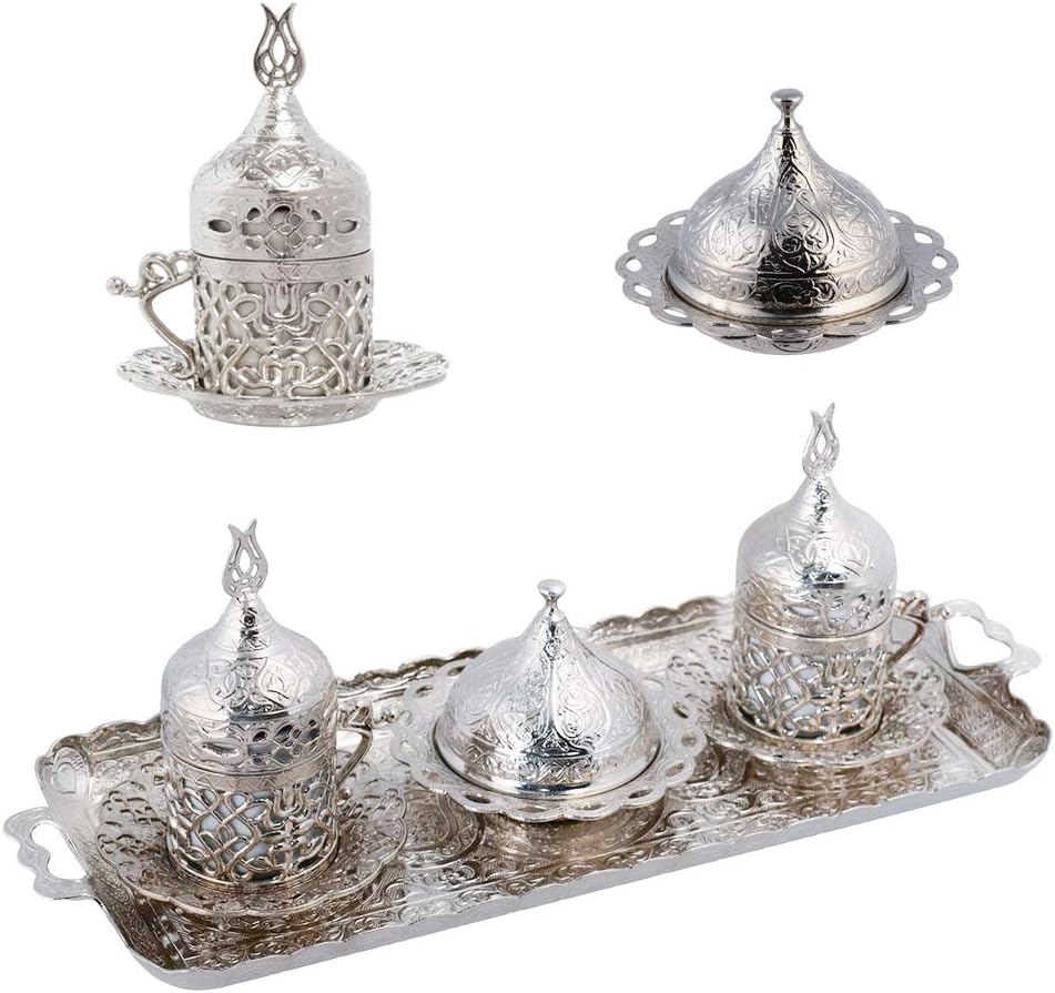 Alisveristime Turkish Coffee Set for Two - Authentic Ottoman Style Cups, Saucers, and Serving Tray with Lale Motifs (Acur) (Copper)