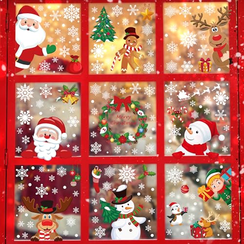 186PCS Christmas Decor, Christmas Window Clings, 9 Sheets Snowflake Window Stickers Decals with Santa Claus Snowman Reindeer, PVC Xmas Decorations Clings for Holiday Party Decorations Accessories