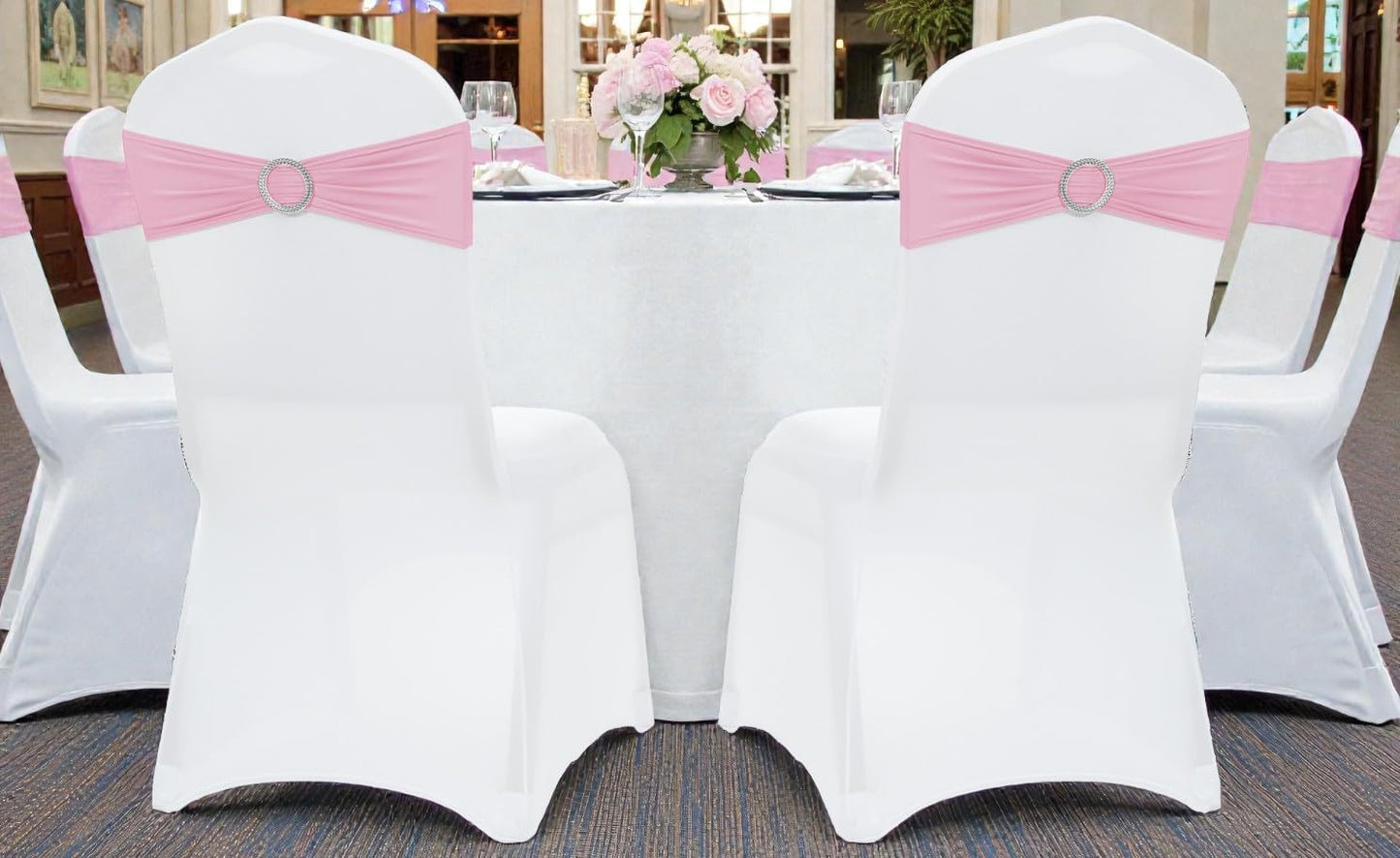 MDS Premium Spandex Chair Sashes - Stretchy Bow Covers with Buckle Slider | Pack of 10 - Pink