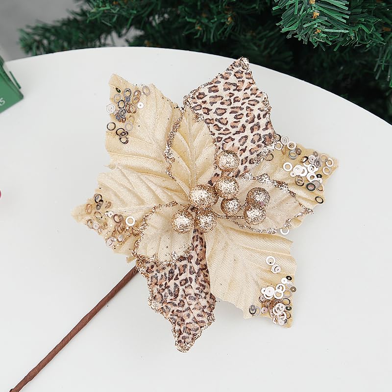 Tiecawk Gold Leopard Print Christmas Flowers 8.26 Inch, 8 Pieces Holiday Decor