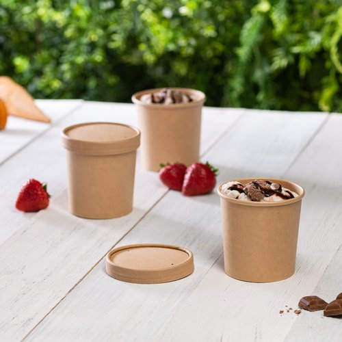 GUSTO [16 oz. - 50 Count Kraft Paper Food Containers with Vented Lids - To Go Hot Soup Bowls, Disposable Ice Cream Cups, Ideal for Hot and Cold Foods- (Formerly Comfy Package)