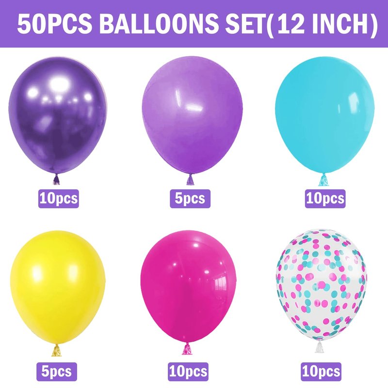 Pink Blue Purple Balloons - 50 Pcs 12 Inch Hot Pink Metallic Purple Teal Yellow Confetti Balloons for Magic Theme Birthday Baby Shower Engagement Party Decoration