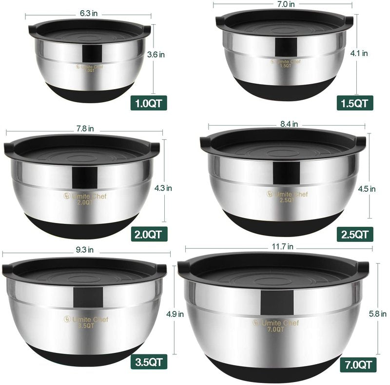 Umite Chef Mixing Bowls with Airtight Lids,6 piece Stainless Steel Metal Nesting Storage Bowls, Non-Slip Bottoms Size 7, 3.5, 2.5, 2.0,1.5, 1QT, Great for Mixing & Serving(Black)