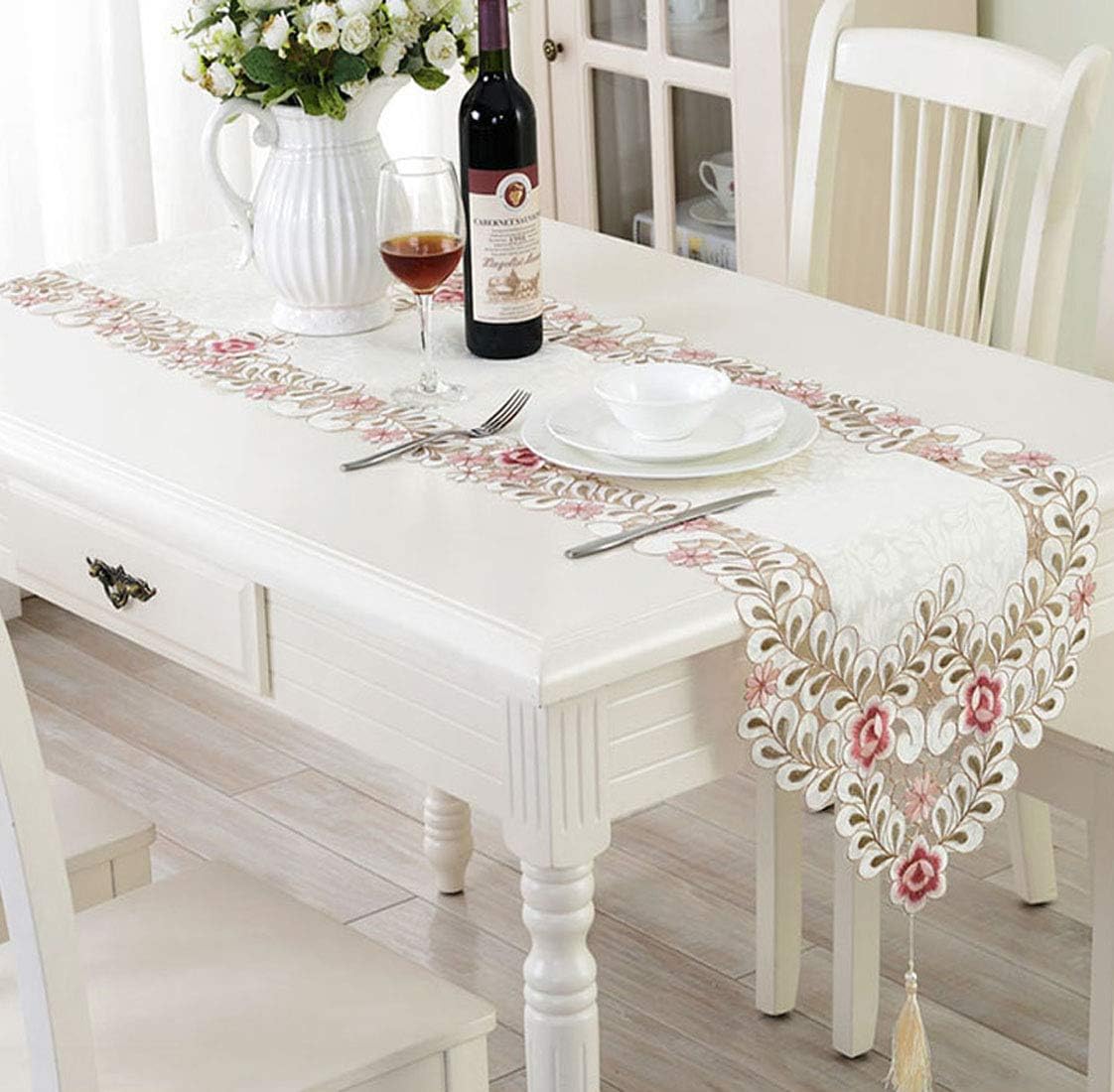 Classic Floral Embroidery Table Runner - 15" x 77" Dark Red Lace Dresser Scarf for Weddings & Home Decor