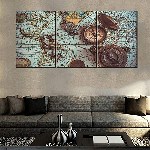 3 Panel Canvas Wall Art Historical World Map Pictures for Living Room Teal Blue Artwork Premium Quality Prints Paintings Giclee House Modern Decor Wooden Framed Stretched Ready to Hang(60''Wx28'')