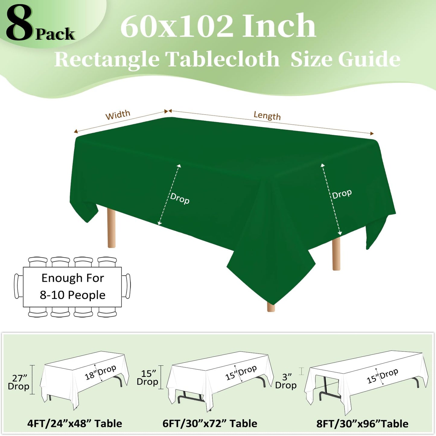 pepmily 8 Pack Green Table Cloth 60x102 Inch Rectangle Tablecloth for 6 Foot Rectangle Tables, Wrinkle Resistant Washable Polyester Fabric Table Cover for Dining Banquet Wedding Party
