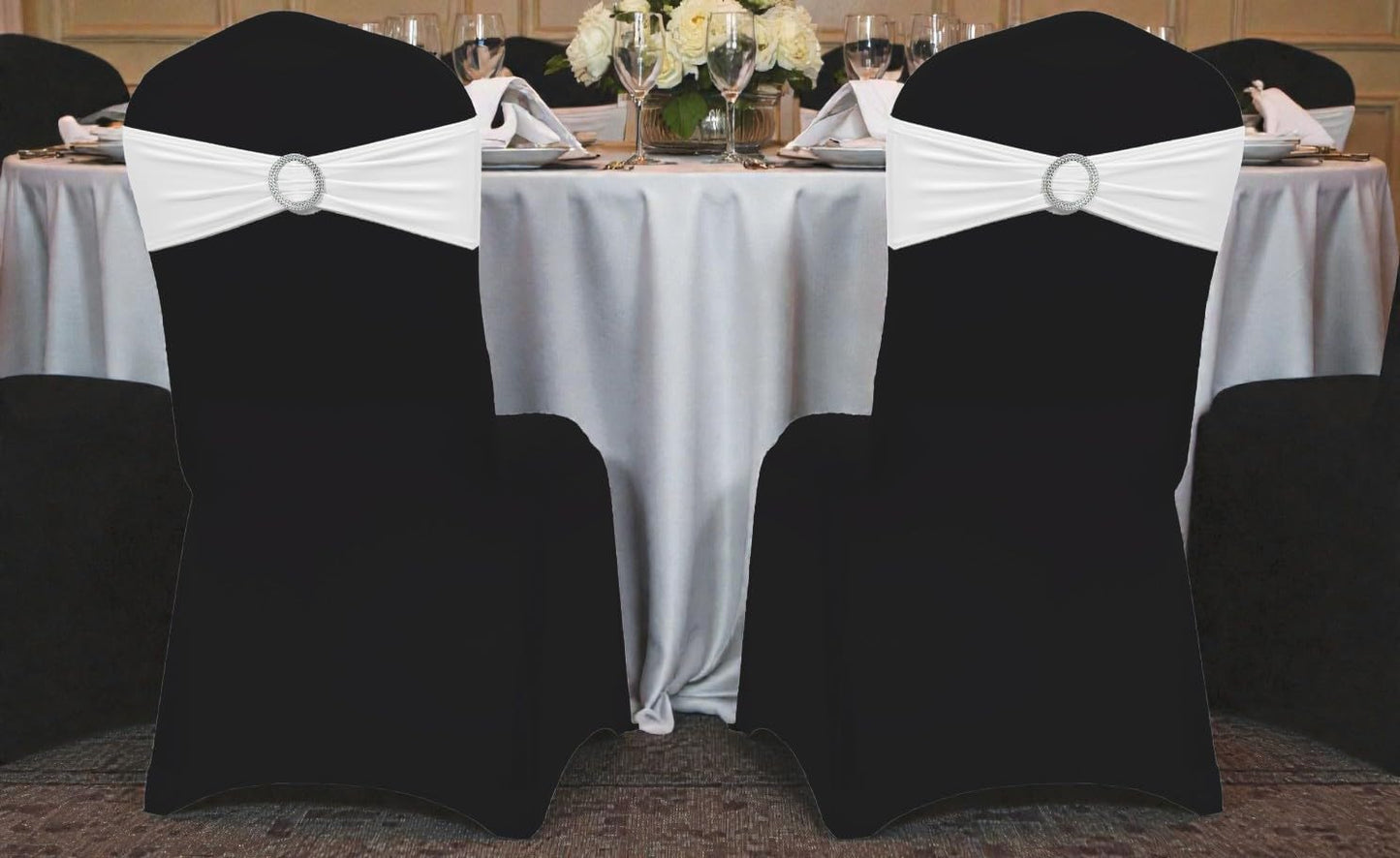 MDS Premium Spandex Chair Sashes - Pack of 50 Stretch Covers with Buckle Slider | Universal Fit - White