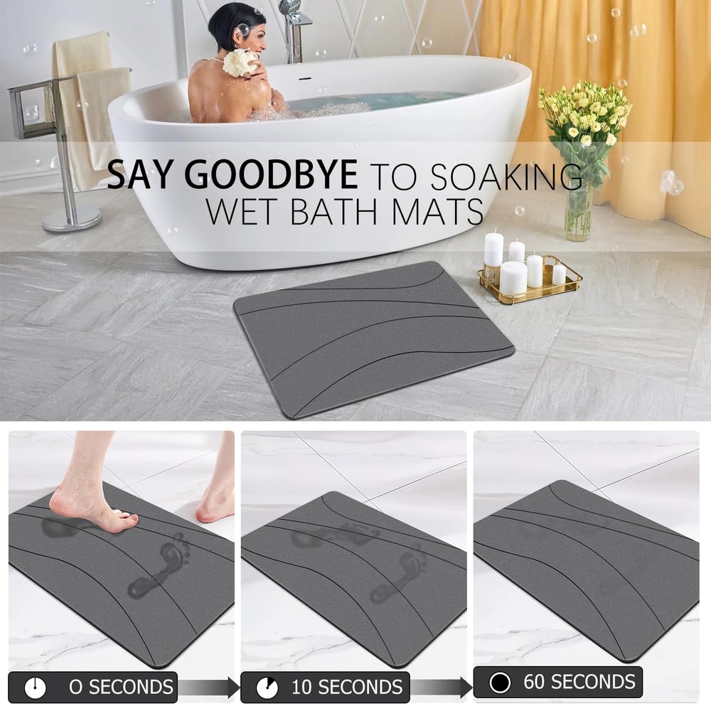 NNZQNNE 1 Pack Stone Bath Mats for Bathroom,diatomaceous Earth Bath mat,Non-Slip Super Absorbent Quick Drying Bathroom Floor Mat,Bathtub mat,Easy to Clean,for Bathroom Shower(23.6"×15.4" Dark gray1)