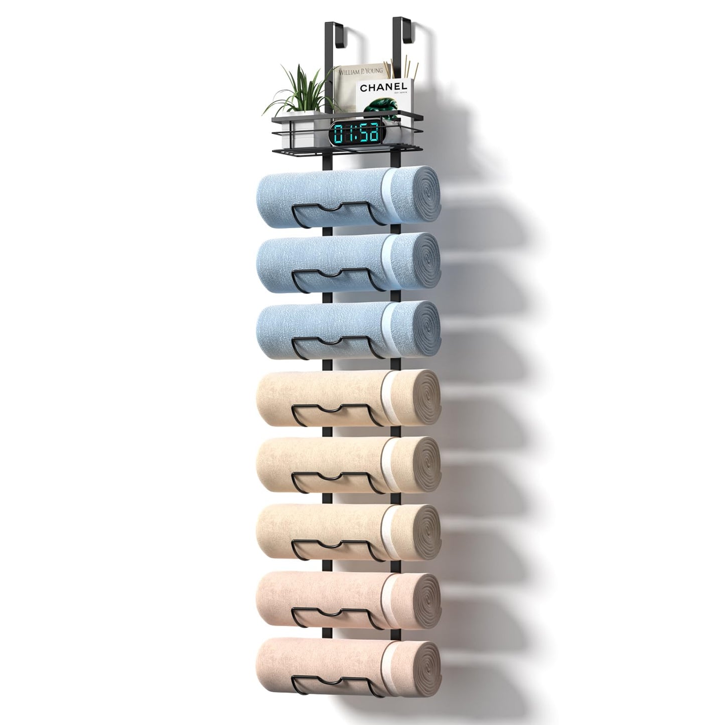 Xstydes 9-Tier Over The Door Towel Rack,Towel Racks for Bathroom, Metal Towel Holder with Storage Basket,Towel Storage for Small Bathroom,Towel Rack for Rolled Towels,Black