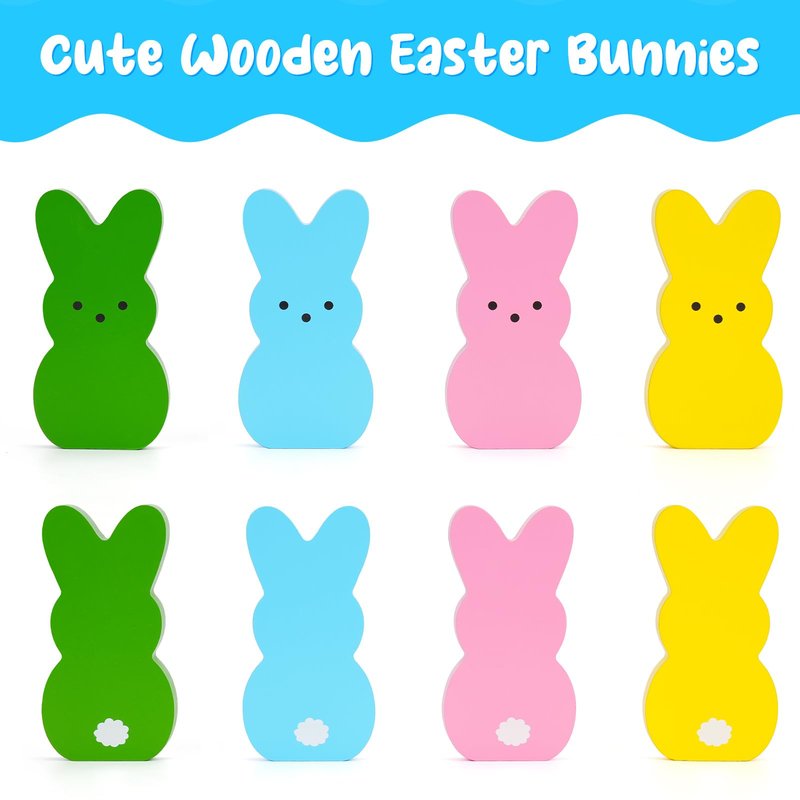 Babycop Easter Décor, 4 Pcs Bunny Table Decorations Wooden Spring Signs for Home, Wood Rabbit Tiered Tray/Mantal Décor for Farmhouse or Office Party Supplies