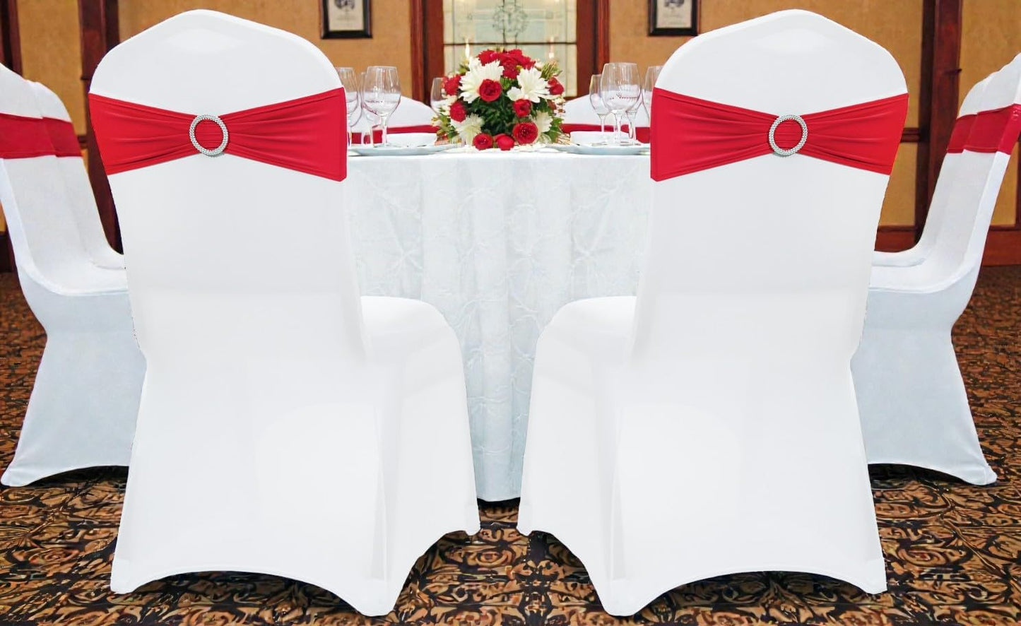 MDS Spandex Chair Sashes - Universal Elastic Stretch Ties with Buckle Slider Bow | 125 Pack - Red