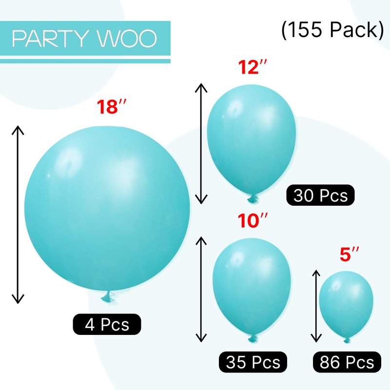 PartyWoo Teal Balloons 155pcs Different Sizes Pack of 18 12 10 5 Inch Turquoise Dark Teal Balloon Arch Kit for Baby Shower Gender Reveal Graduation Mermaid Birthday Pool Party Decorations Blue-Y69
