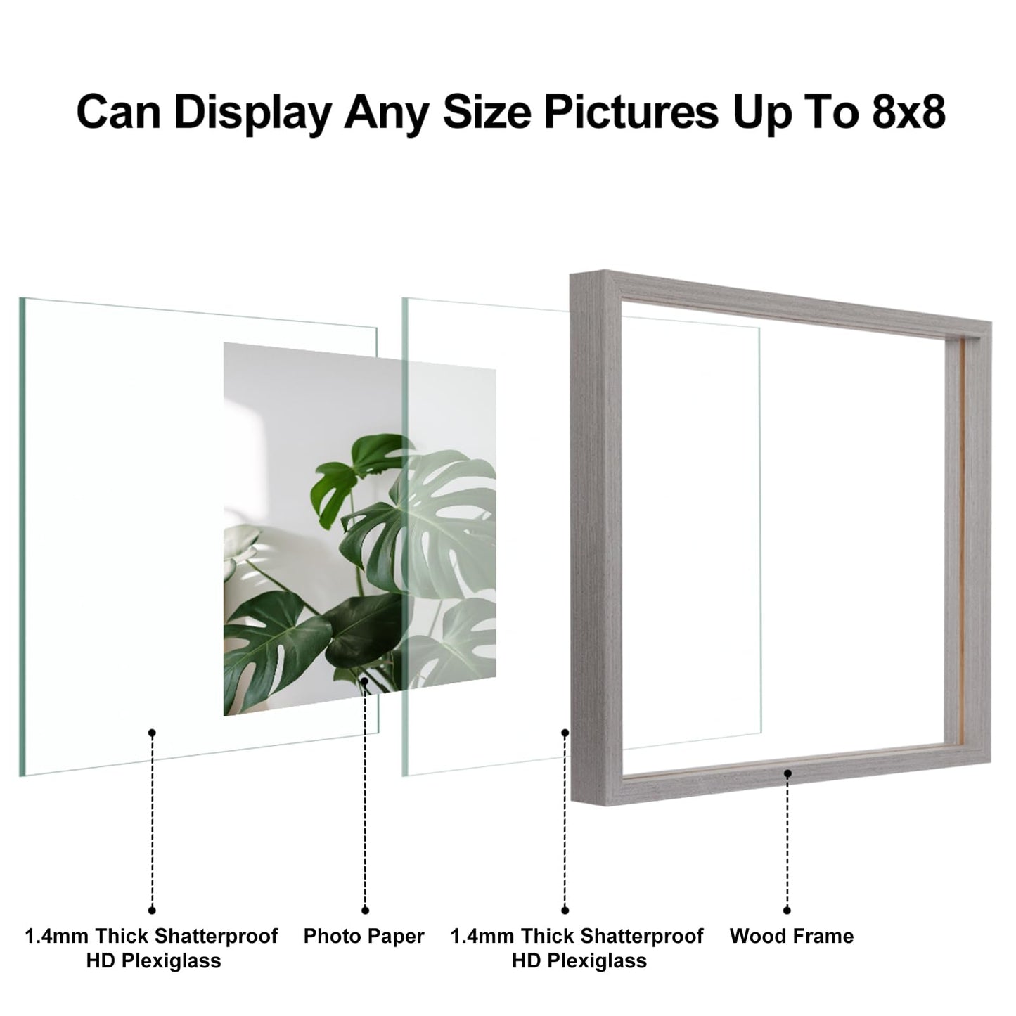 Egofine 8x8 Floating Frames Set of 2, Double Plexiglass Picture Frame, Made of Solid Wood Display Any Size Photo up to 8x8, Wall Mount or Tabletop Standing, Light Grey