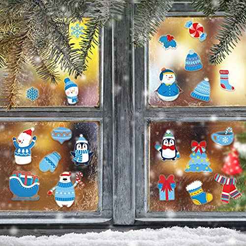 Tevxj 40 PCS Winter Thick Gel Clings Winter Christmas Window Gel Clings Decals Stickers for Kids Toddlers and Adults Home Airplane Classroom Nursery Winter Holiday Party Supplies Decorations
