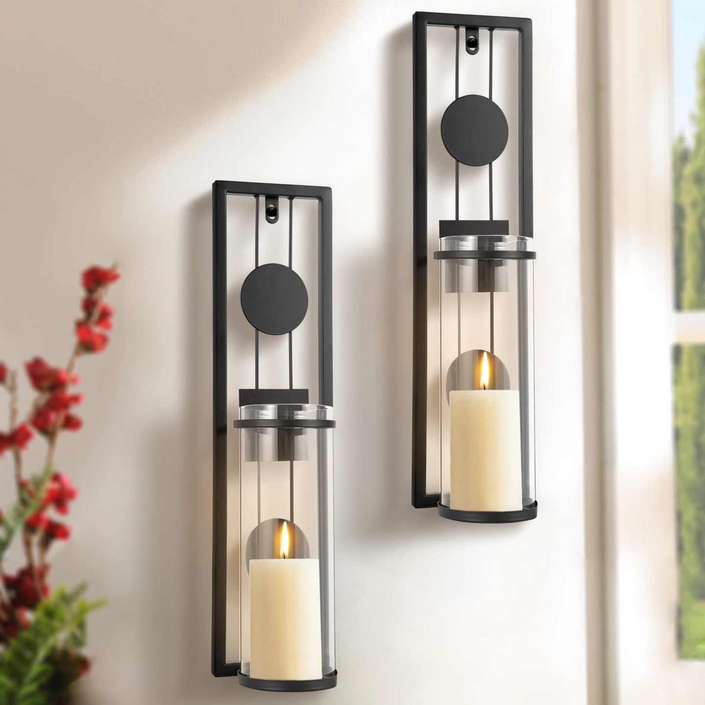 Candle Sconces Wall Decor Set of 2 Black Candle Holders Glass & Metal Candle Wall Sconces Hanging Candle Holders, Fireplace Mantel Decorations for Living Room Dining Room Kitchen Bathroom Bedroom Wall