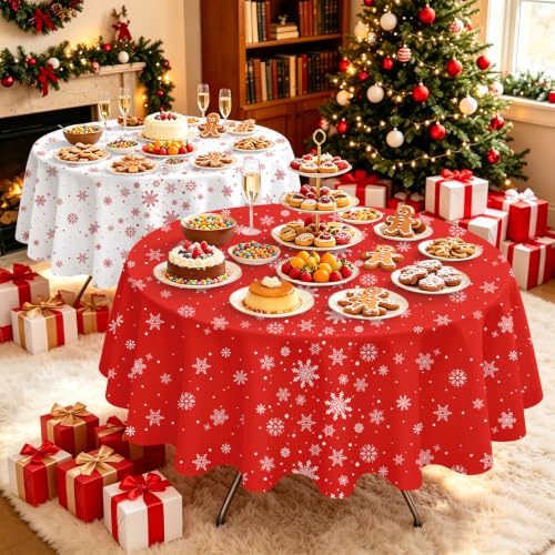 LANLISA 12 Pcs Red White Snowflake 84” Round Disposable Plastic Tablecloths Set