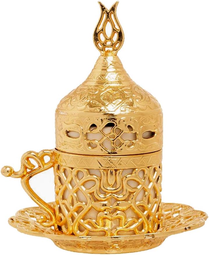 Alisveristime Turkish Coffee Set for Two - Authentic Ottoman Style Cups, Saucers, and Serving Tray with Lale Motifs (Acur) (Copper)
