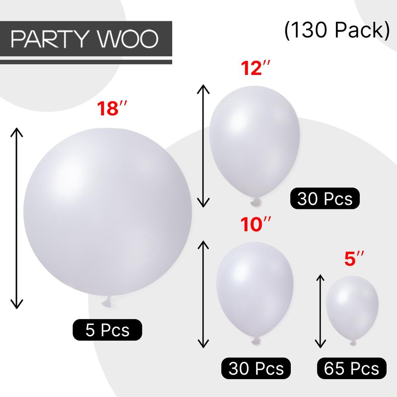 PartyWoo Pearl White Balloons 130pcs Different Sizes Pack of 18 12 10 5 Inch Metallic White Latex Balloon Arch Kit Garland for Wedding Graduation Baby Shower Birthday Party Decorations White-Z30
