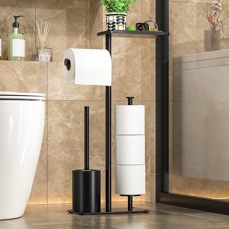 Skiennix Modern Bathroom Toilet Paper Stand - Black Metal Holder with Storage Shelf for 3 Mega Rolls | 24x12x60 Inches