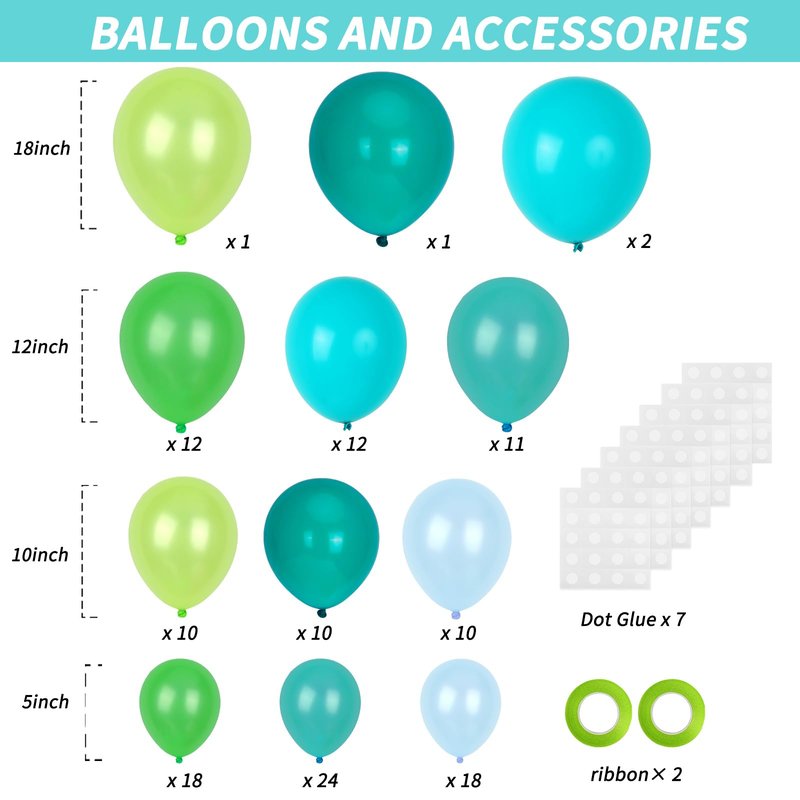 RUBFAC 129pcs Blue Green Balloons Different Sizes 18 12 10 5 Inch for Garland Arch, Green Blue Balloons for Birthday Baby Shower Gender Reveal Wedding Party Decoration