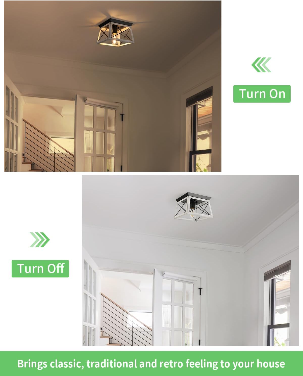 Farmhouse Flush Mount Ceiling Light Oak White Ceiling Light Fixtures 2-Light Industrial Vintage Metal-Framed Ceiling Lighting for Hallway Foyer Kitchen Dining Room Bedroom Living Room Laundry