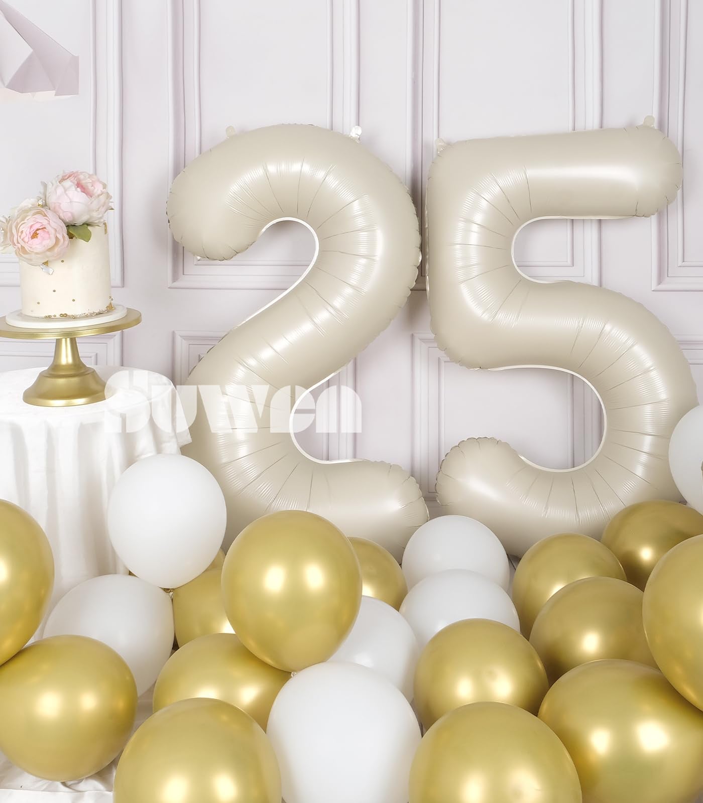 SUWEN 40 Inch Large Cream White 25 Balloon Numbers Big Foil Helium Number Balloons 0-9 Jumbo Happy 25th Mylar Birthday Party Decorations for Women or Men 52 Anniversary Party Supplies