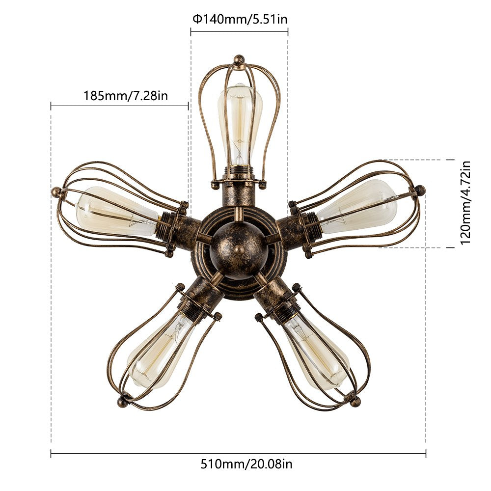 moonkist Vintage Ceiling Light Industrial Semi-Flush Mount Ceiling Light Metal Fixtures Painted Finish (with 5 Light) (Bronze)