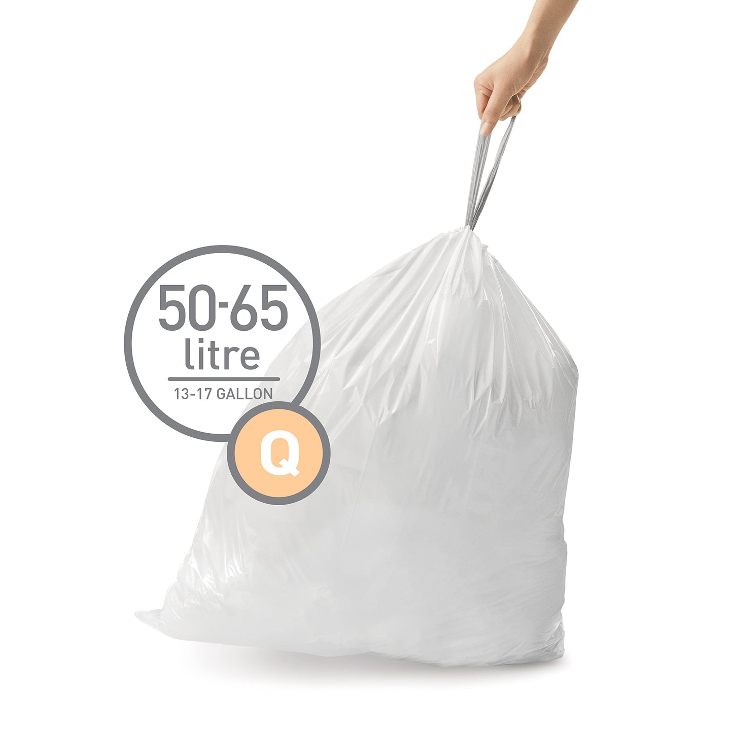 simplehuman Code Q 100 Count, Genuine Custom Fit Liners, Drawstring Trash Bags in Dispenser Packs, 50-65 Liter / 13-17 Gallon, White