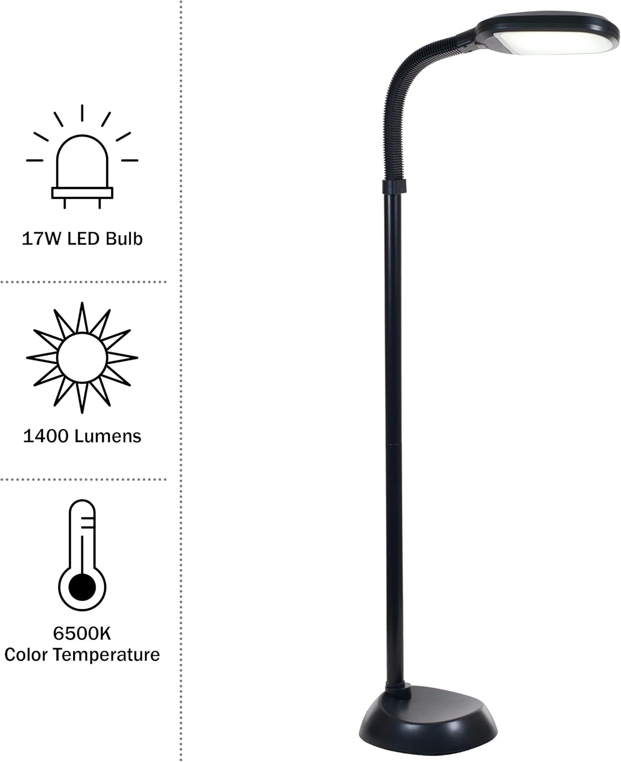 Lavish Home Adjustable LED Floor Lamp with Bendable Neck - Full Spectrum Natural Sunlight LED Lamp for Bedroom and Living Room - Reading, Craft, and Esthetician Light (Black)
