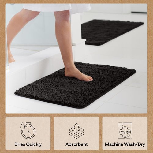 GORILLA GRIP Bath Rug Mat - Thick Soft Absorbent Chenille | Quick-Dry Microfiber, 36x24, Black