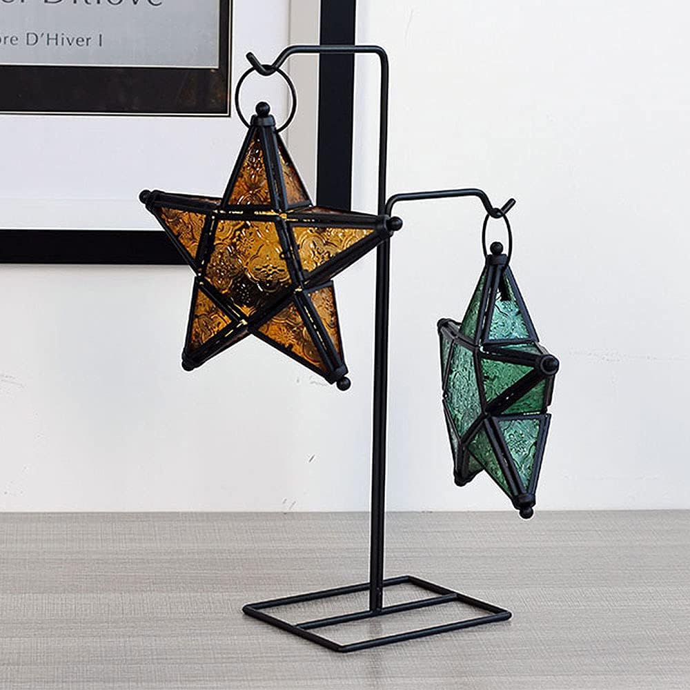 Purple Star Lantern Candle Holder - Decorative Hanging Glass Lantern for Home & Garden