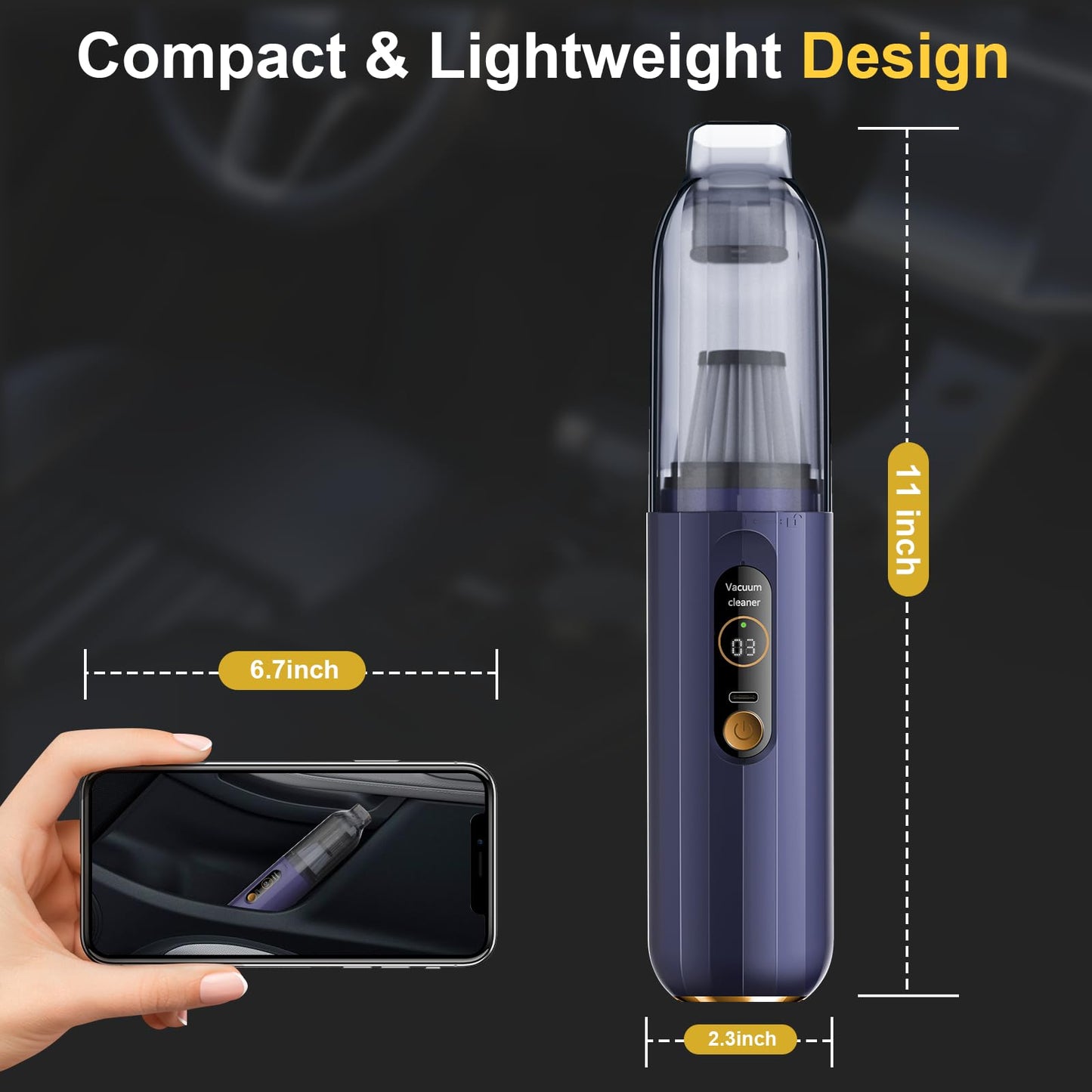 Cordless Handheld Vacuum Cleaner, 12000Pa Portable Car Vacuum with 3 Gear Speed Display, 4 in 1 Small Vacuum/Air Duster/Mini Blower/Hand Pump, Cordless Vacuum Cleaner for Car Keyboard Desk Home