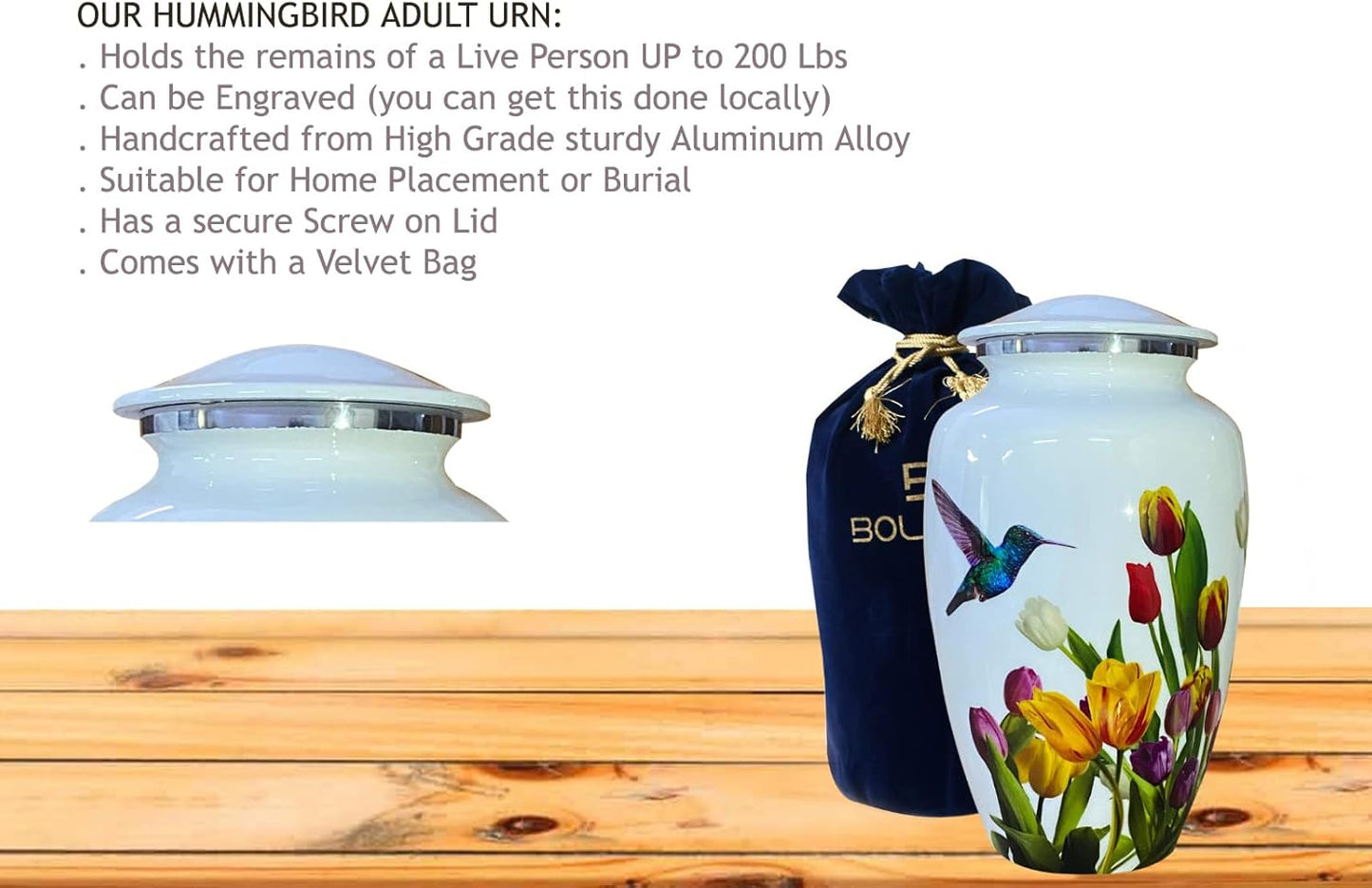 BOLD & DIVINE Adult Purple Hummingbird Cremation Urn | Human Ashes Adult Memorial urn, Burial, Funeral Cremation Urns | 200 Cubic Inches (Large Adult)