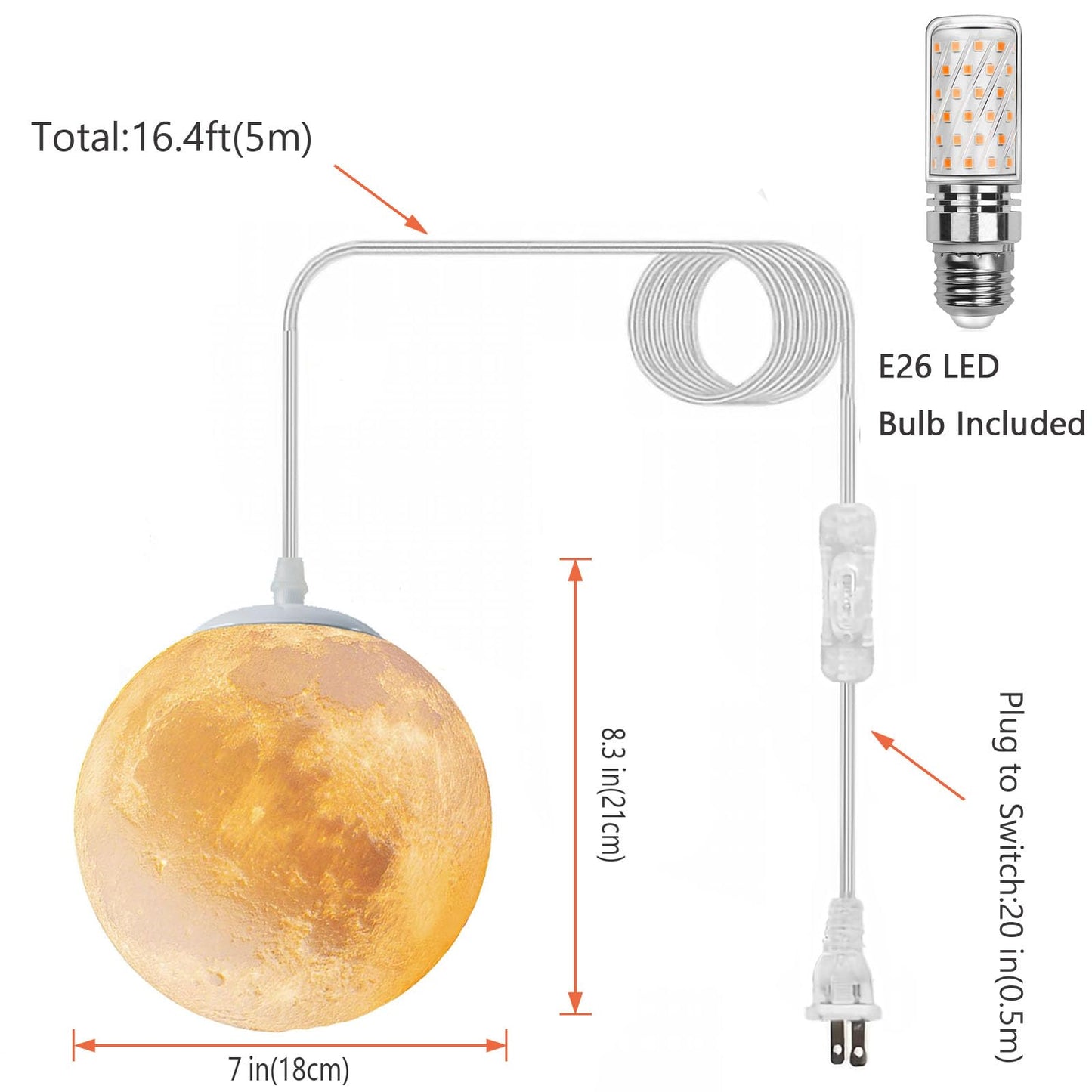 JLOWCO Plug in Pendant Lighting,Hanging Lamps That Plug Into Wall Outlet White,Light Fixtures Ceiling Hanging Lights with Plug in Cord and Switch,Led Moon Lights for Kids Bedroom(Bulb Included)