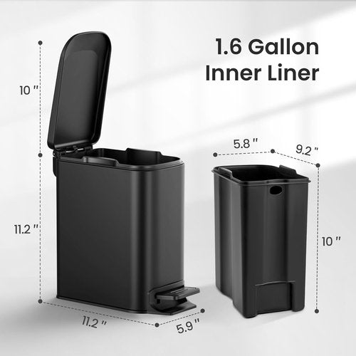 Cesun Small Bathroom Trash Can - Soft Close Lid & Step Pedal | 6L Stainless Steel, Anti-Fingerprint (Matt Black)