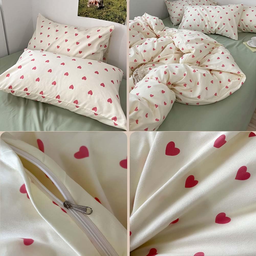 Nayoroom Heart Duvet Cover Queen Size Kawaii Pink Heart Printed on Cream White Bedding Set 3Pcs Kids Girls Cute Heart-Shaped Pattern Comforter Cover with Zipper Closure Soft Breathable Microfiber