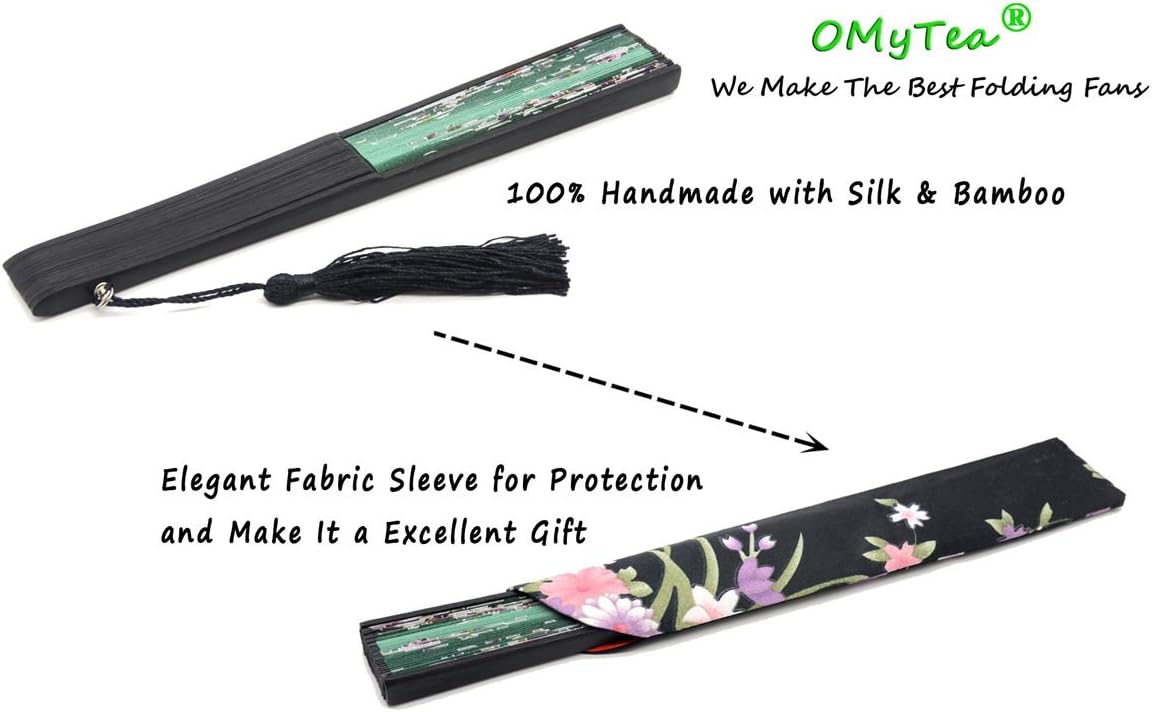 Handmade Silk Folding Fan with Bamboo Frame - Vintage Chinese/Japanese Style for Women & Girls - Gift-Ready with Protective Sleeve (WZS-33)