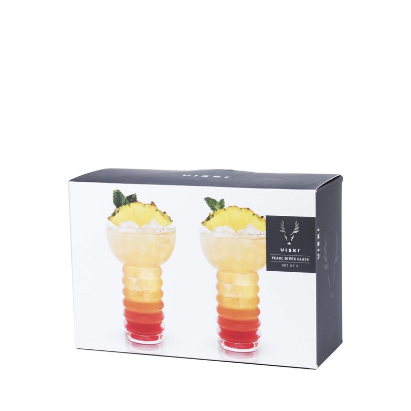 Viski Pacific Crystal Pearl Diver Tropical Tiki Tumbler Set of 2 - Premium Crystal Clear Glass, Stylish Tiki Glasses for Cocktails Gift Set, 12 oz