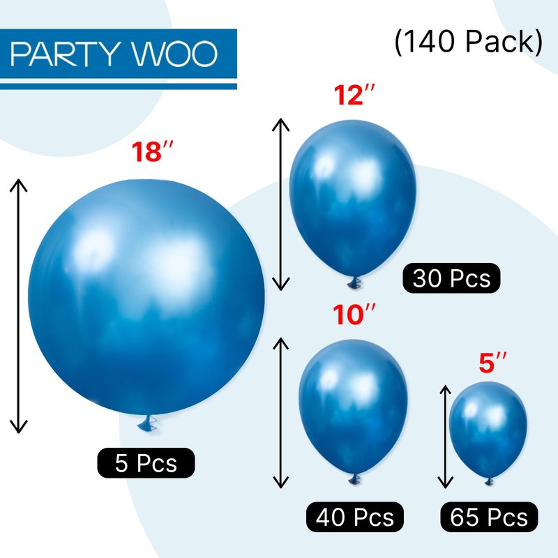 PartyWoo Metallic Blue Balloons 140pcs Different Sizes of 18 12 10 5 Inch Chrome Blue Latex Balloons for Graduation Wedding Baby Shower Wedding Bachelorette Birthday Party Decorations Blue-G106