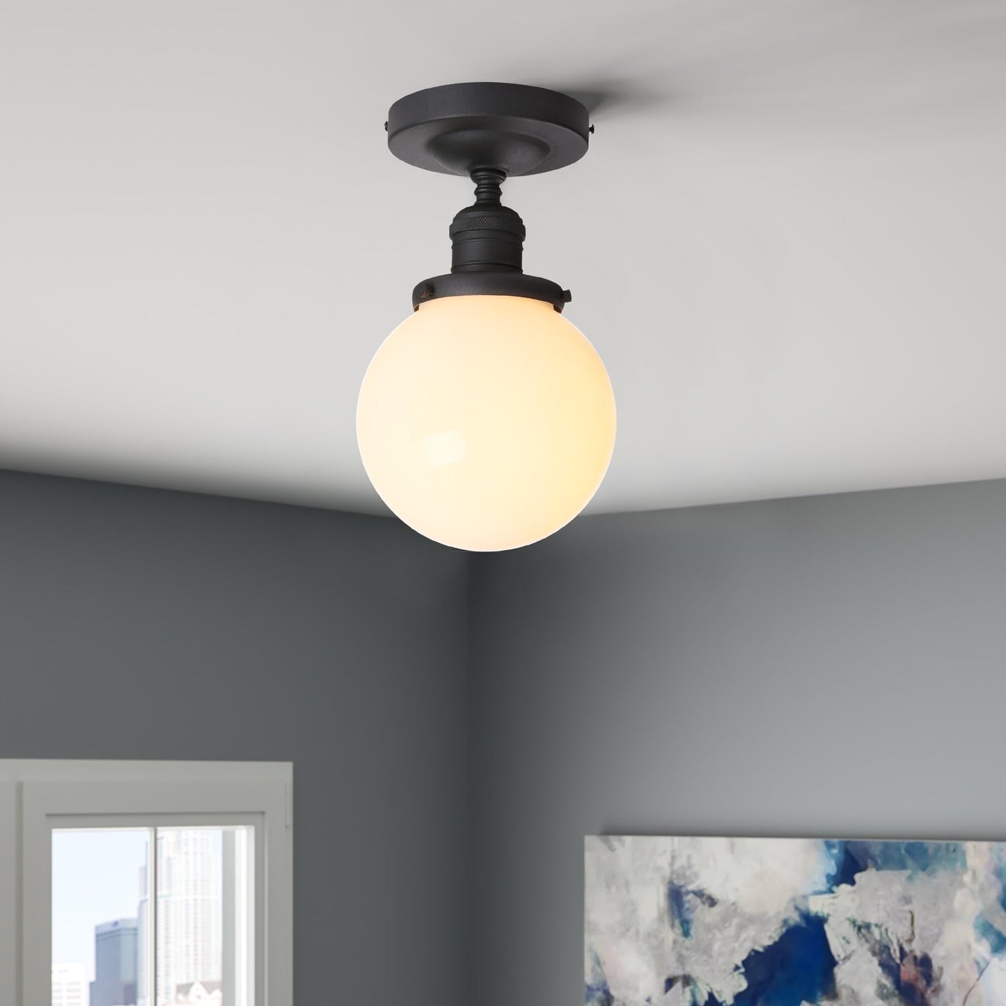 JIMUBEAM Industrial Semi Flush Mount Ceiling Light, Milk White Globe Glass Pendant Lamp Shade, Close to Ceiling Light Fixture for Porch, Hallway, Entryway, Kitchen, Bedroom, Hotel