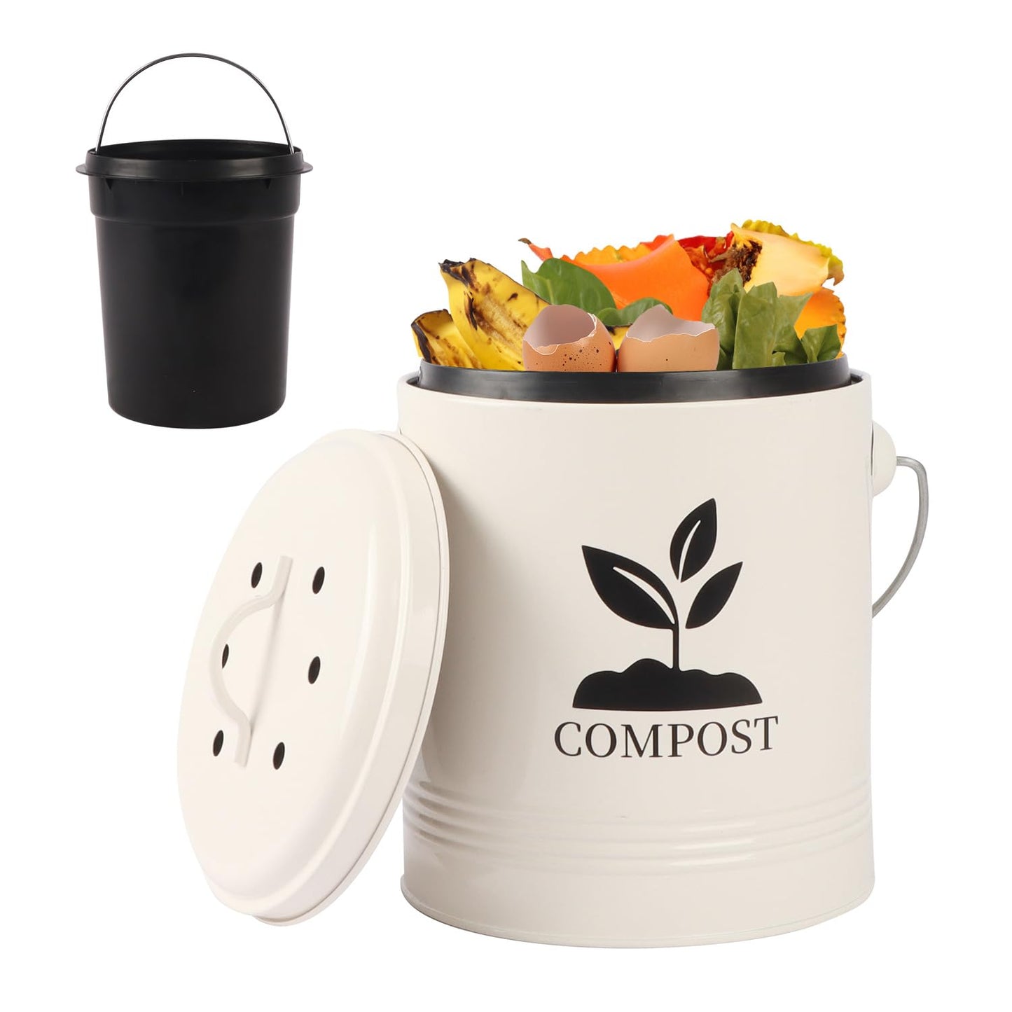 Compost Bin Kitchen Countertop, Indoor Compost Bin with Inner Bucket, 1.15 Gallon Small Compost Bin with Lid, Indoor Composter Bin Counter Compost Pail Food Waste Bin Includes 3PCs Carbon Filter Cream