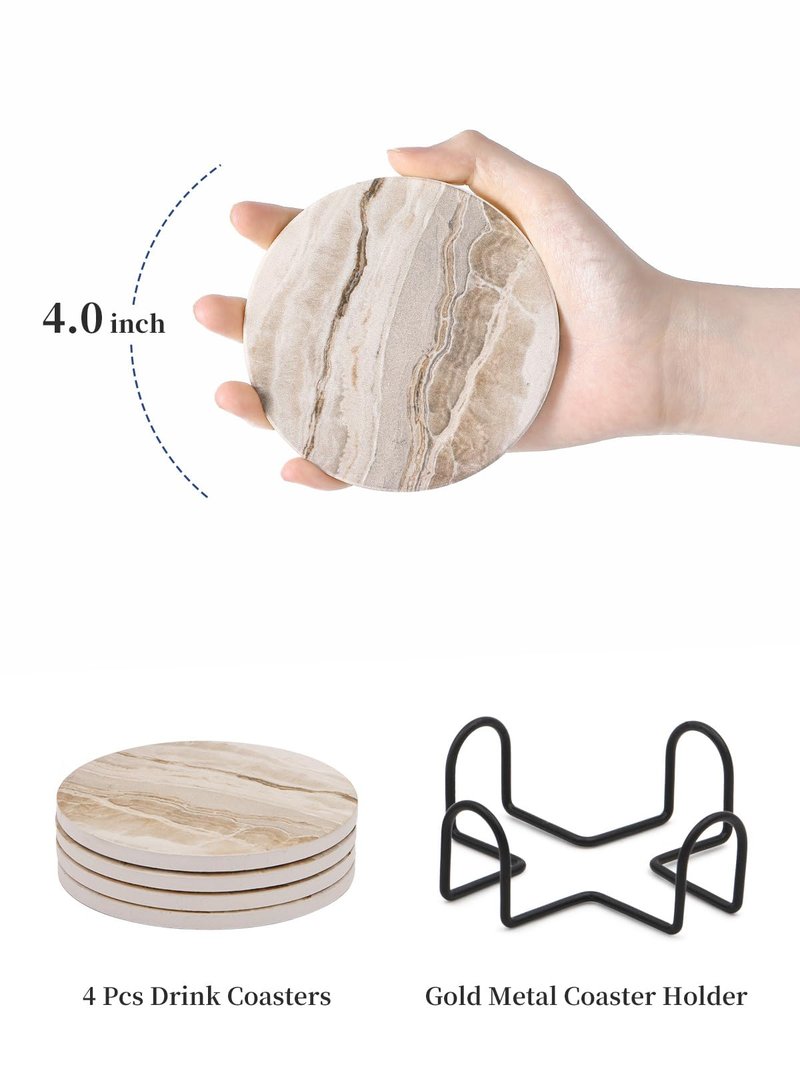LIFVER Absorbent Coaster Sets of 4, Drink Coasters with Holder, Marble Style Ceramic Drink Coaster for Tabletop Protection, Suitable for Kinds of Cups, Wooden Table, Cool Home Decor, 4 Inches