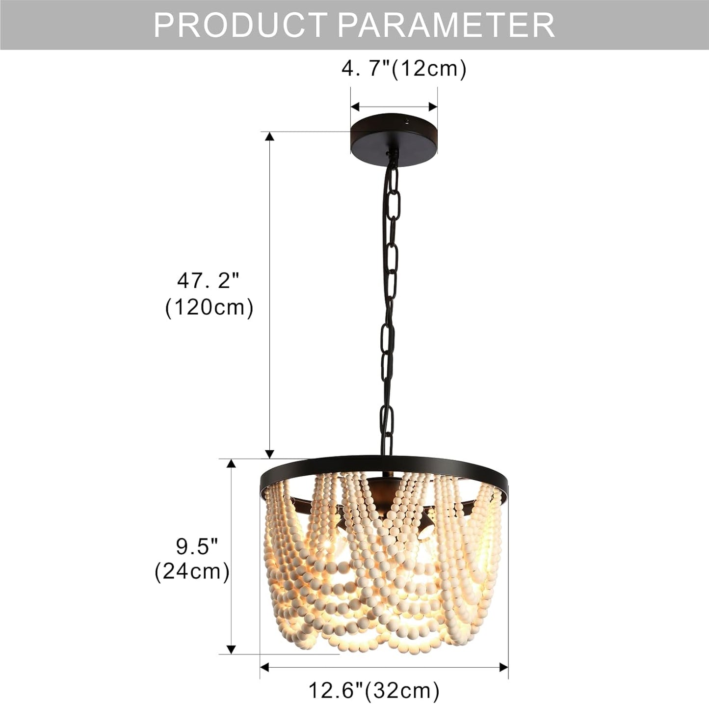 Farmhouse Boho Flush Mount Ceiling Light,3-Light Wood Bead Chandeliers,Black Metal Bohemia Hanging Pendant Lighting,Small Chandelier for Bedroom,Living Room,Entryway,Hallway