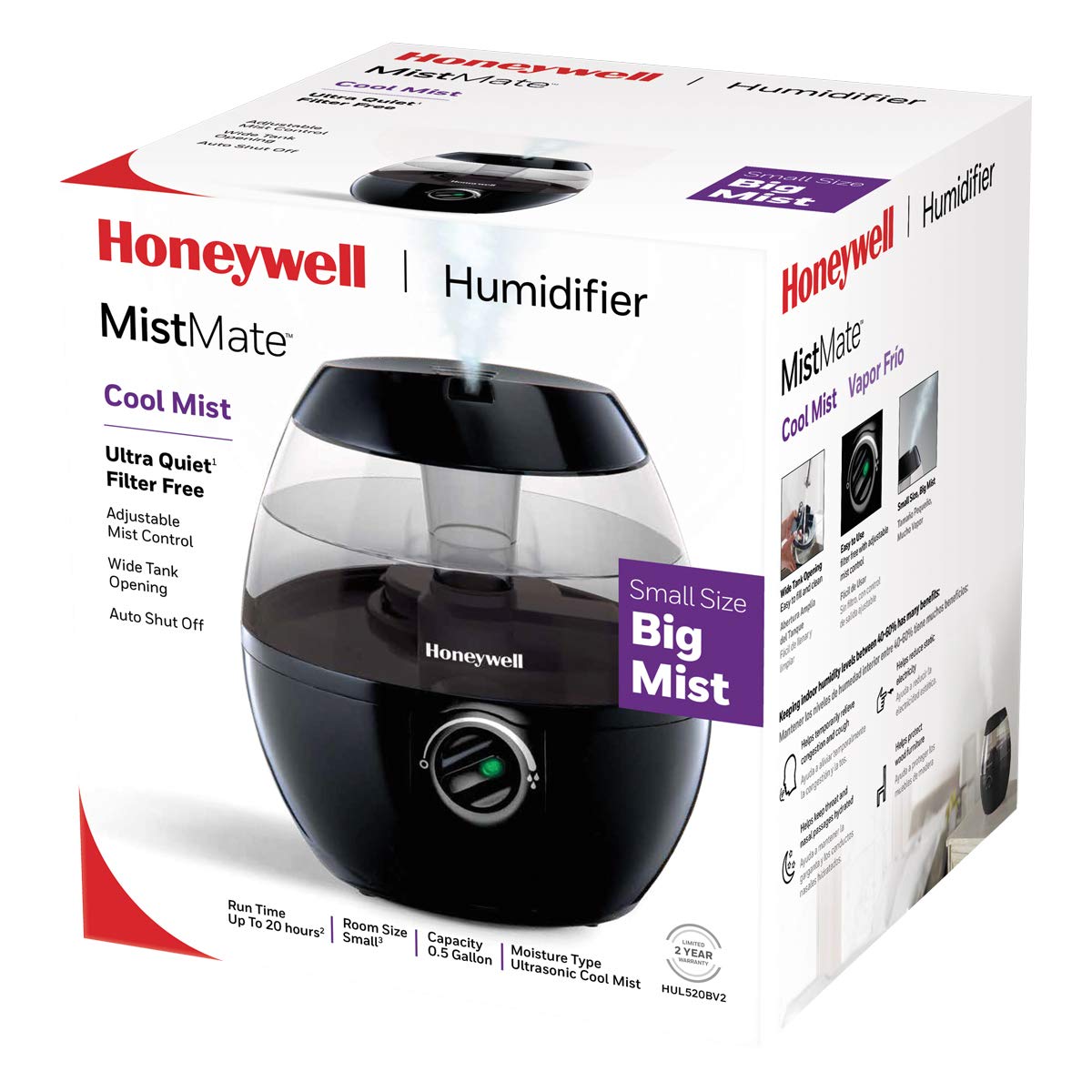Honeywell HUL520B Mistmate Cool Mist Humidifier Black With Easy Fill Tank & Auto Shut-Off, For Small Room, Bedroom, Baby Room, Office