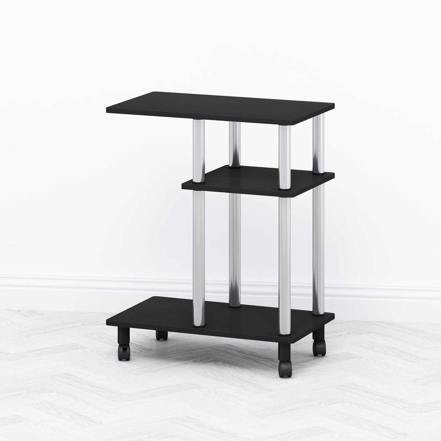 Furinno TOMI Side Table, 3-Tier C-Shape Open Shelf End Table with Wheels, Night Stand, Bedside Table, Toolless Assembly, for Living Room, Bedroom, Americano/Stainless Steel