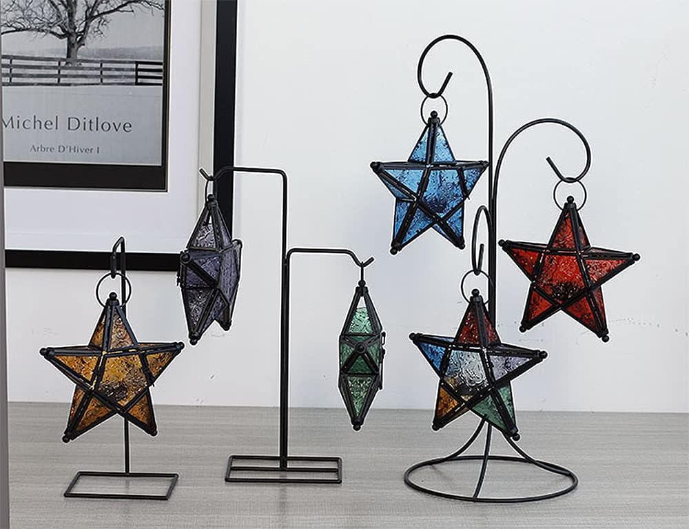 Purple Star Lantern Candle Holder - Decorative Hanging Glass Lantern for Home & Garden