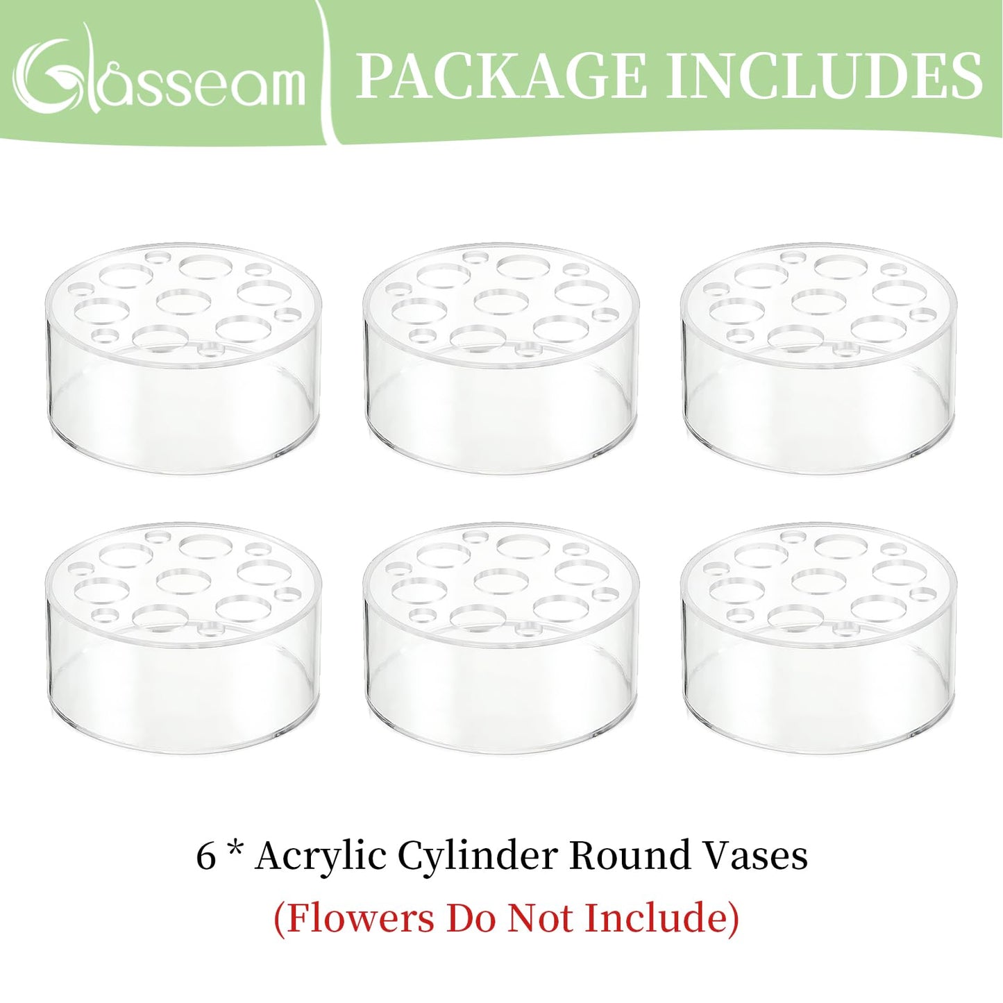 Glasseam Acrylic Flower Vase for Centerpieces: Set of 6 Wedding Party Dining Room Table Decorations, Cylinder Round Clear Vases with 13 Holes (5.9in)